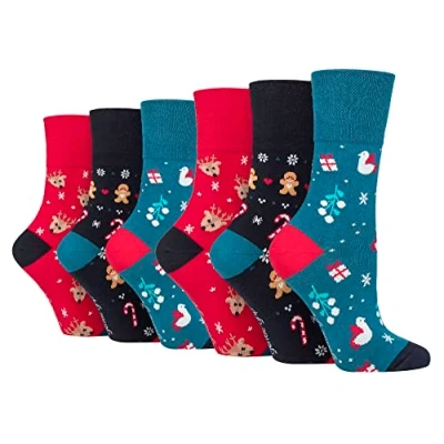 Image of Gentle Grip 6 Pairs Ladies Christmas Socks Womens Novelty Design Xmas Gift (4 8, Blue/Red/Grey)