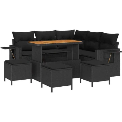 Image of vidaXL 9 Piece Garden Sofa Set with Cushions Black Poly Rattan Acacia