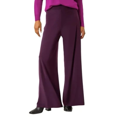 Image of Roman Originals Wide Leg Trousers for Women UK Ladies Palazzo Pants Evening Jersey Elasticated High Waist Smart Flared Culotte Office Work Going Out Loose Crepe Bottoms Purple Size 14