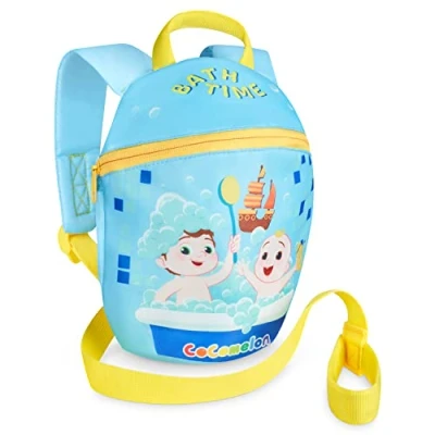 Image of Cocomelon Toddler Backpack with reins Baby Unisex Nursery Bag for boy Girls JJ Tomtom Bath Time Design, Ocean Blue