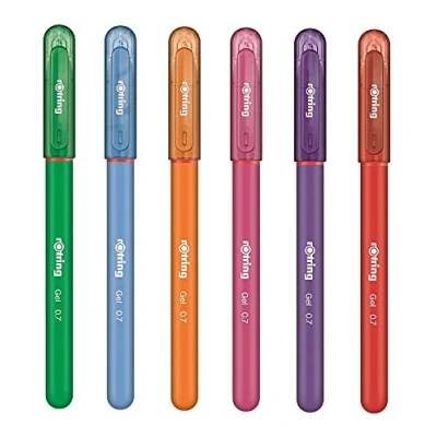 Image of rOtring Gel Rollerball Pens Medium Point 0.7mm Rubber Grip Pack of 6 Assorted Ink Colours Smooth Quick Drying