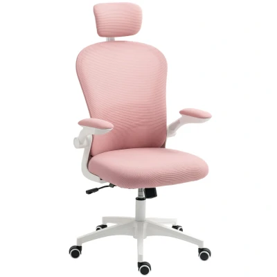 Image of Vinsetto High Back Office Chair, Mesh Computer Desk Chair with Rotatable Headrest, 4D Lumbar Support, Flip up Arm, Adjustable Height, Pink