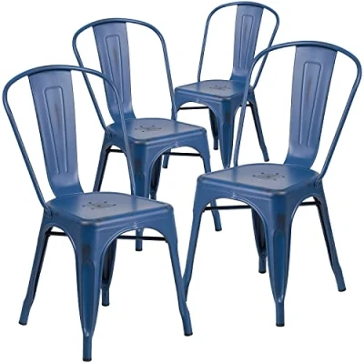 Image of Flash Furniture Commercial Grade 4 Pack Distressed Metal Indoor Outdoor Stackable Chair, Rubber plastic alloy steel, Antique Blue, Set of