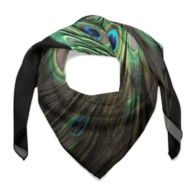 Image of LQWOK Silk Scarves, Green Peacock Feather Printed Scarves,soft Scarves,versatile Scarves,thin And Easy to Carry Feather, One Size