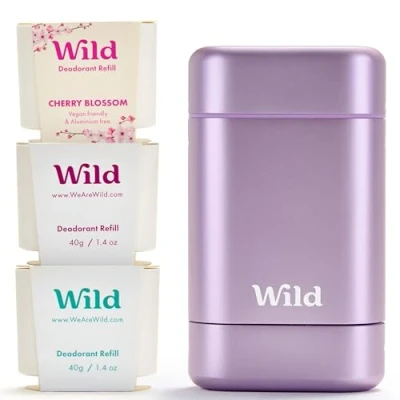 Image of Wild Purple Case with Refill Variety Pack (3 x 40g) Natural Refillable Deodorant Aluminium Free Includes Fresh Cotton &amp; Sea Salt, Cherry Blossom and Coconut Vanilla Scents Vegan