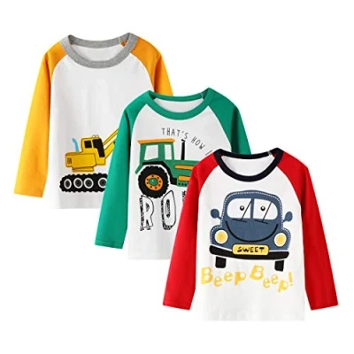 Image of Toddler Boy Tee Raglan Long Sleeve Crewneck T Shirt Blue Red Yellow Cartton Car Winter Sleapwear 3 Pack Set 7T