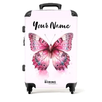 Image of NoBoringSuitcases.com® Children&#039;s Luggage Kids Suitcase for Girls Personalised Large Hard Shell on Wheels Close up Pink Butterfly 26 28 inch 23kg