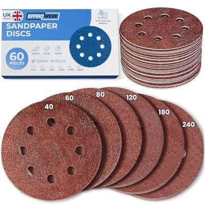 Image of Effektwerk Sanding Discs (60 Pack, 8 Holes), 125mm Sandpaper for Random Orbital Sanders, Self Adhesive w/Hook &amp; Loop Closure, Fine Coarse Grinding w/ 40/60/80/120/180/240 Grits (10 Pcs each)