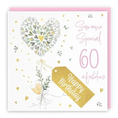 Image of Hunts England 60th Someone Special Contemporary Hearts Female Fabulous Birthday Card Luxury Gold Foil Milo&#039;s Gallery Age 60 Champagne, Pretty Pink Envelope