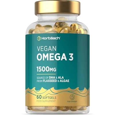 Image of Vegan Omega 3 Capsules 1500mg 60 Count High Strength Source of DHA from Algae Oil 450mg ALA and 240mg Per Serving 100% by Horbaach