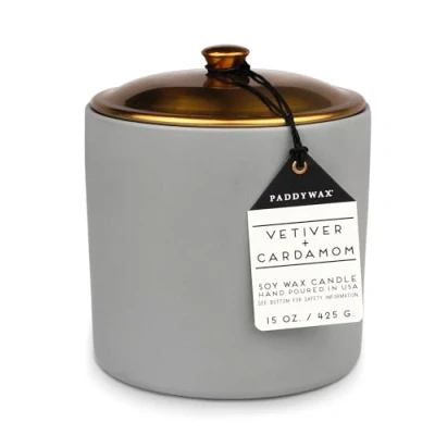 Image of Paddywax Scented Candles Minimalist Hygge Range Luxury 3 Wick Candle in Matte Ceramic Container with Lid, 425g, Vetiver + Cardamom