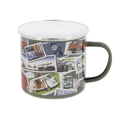 Image of BRISA VW Collection Volkswagen Large Enamel Coffee Tea Mug Cup for Camping &amp; Outdoor T1 T2 T3 Bus Campervan (500 ml/16.9 fl oz/Stamps/Multicolor)