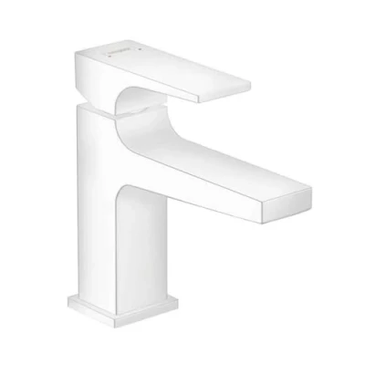Image of hansgrohe 32500700 Metropol Single Basin Mixer Tap 100 with Lever Handle for Hand Washbasins Push Open Drain Fitting Matte White, spout Height mm