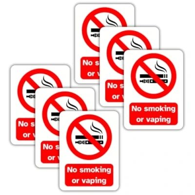 Image of No smoking or Vaping Vinyl Signs, 75mm x 100mm, Self Adhesive Stickers, Waterproof, Indoor/Outdoor Use, Safety Warning Sign, C&amp;J Goods (No and vaping, 6 Pack)