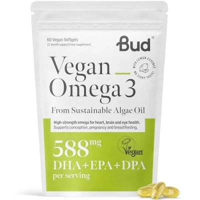 Image of Vegan Omega 3 Supplements High Strength DHA EPA &amp; DPA Premium Plant Based Algae Oil Supports Brain, Eye Heart Health 60 Capsules (1 Month Supply)