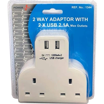 Image of 2 Way Plug in Adaptor with USB Ports, 2.1 Amp 13 250 V AC