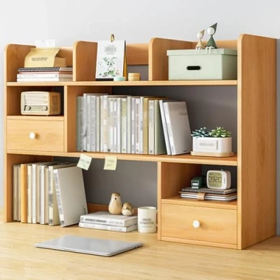 Image of Ahtadums 3 Tier Desk Organizer Wooden Desktop Bookcase Dorm Bookshelf Countertop Storage Hutch Wood Computer Multifunction Shelves Display (100cm)