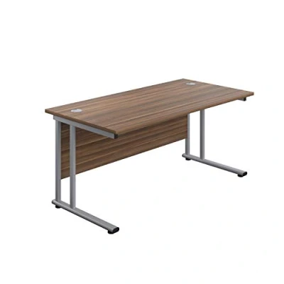 Image of Office Hippo Heavy Duty Rectangular Cantilever Desk, Home Table, Integrated Cable Ports, PC Desk For or Home, 5 Yr Wty Silver Frame/Dark Walnut Top, 120cm x 80cm