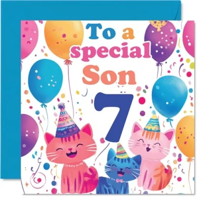 Image of 7th Son Birthday Card Cute Cats Special Happy for from Mum Dad, 145mm x Age 7 Seven Greeting Cards