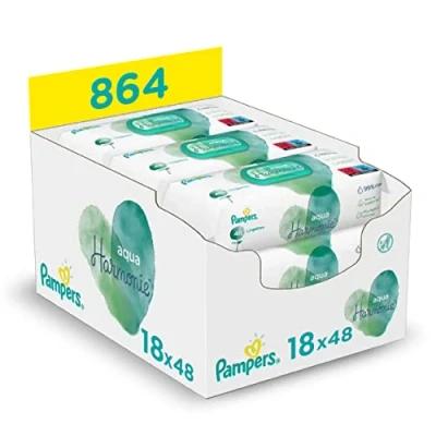 Image of Pampers Aqua Harmony Wipes, Made of 99% Pure Water and Fragrance Free Alcohol Free, Pack 6 x 144 Wipes (Total 864 Wipes)