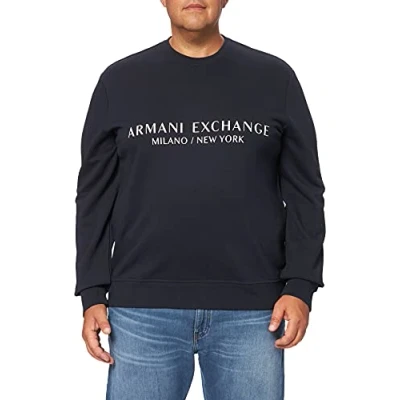 Image of Armani Exchange Man Crew Neck, Front Extended Logo Sweatshirt, Blue, XXL
