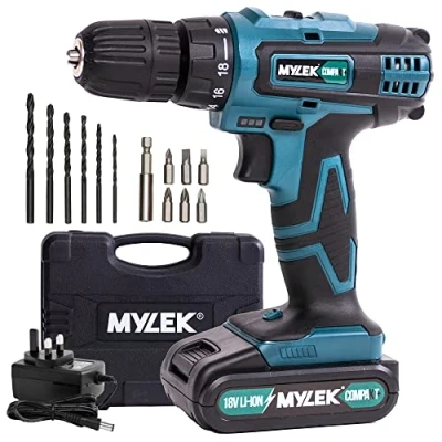 Image of MYLEK MY18BCM1 Cordless Drill 18V, 1300 mAh Li Ion Driver 28Nm, 1 Hour Quick Charge, 2 Speed, LED Work Light, Carry Case with Accessory Kit, Variable Speed &amp; Stop Function