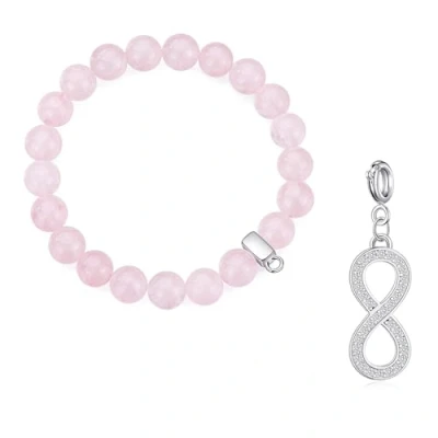 Image of Philip Jones Rose Quartz Gemstone Bracelet with Infinity Charm Created Zircondia® Crystals