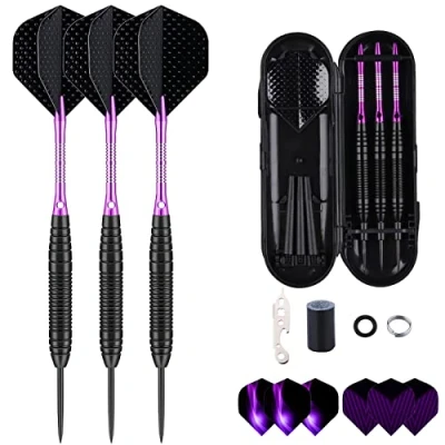 Image of sanfeng Professional 3 Pack 22 Grams Steel Tip Darts Set With Purple Aluminum Shafts 9pcs Standard Flights + 50pcs Rubber O Rings 12pcs Spring 1pcs Dart Sharpener Tool