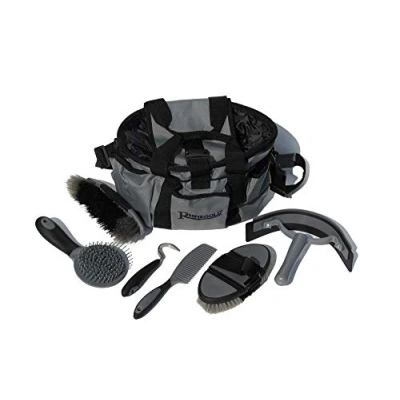 Image of Rhinegold GREY Grooming Bag with KIT, 7 Pieces Equestrian Gift Set that Includes All Types of Horse Hair Brush, Curry Comb, and Hoof Pick a Multipurpose