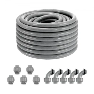 Image of VEVOR 3/4 Inch Flexible Electrical Conduit, 100 ft, PVC Liquid Tight Conduit Non Metallic with 5 Straight and 90 Degree Connector Fittings, for Air Conditioning Motor Controller Pump, IP65