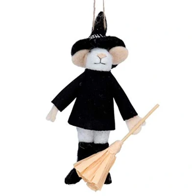 Image of Gisela Graham Wool Mouse Halloween Wizard with Broom Decoration