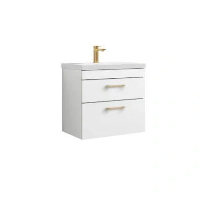 Image of Rio 2 Drawer Wall Hung Vanity Basin Unit 600mm Gloss White with Brushed Brass D Handles (Tap Not Included)