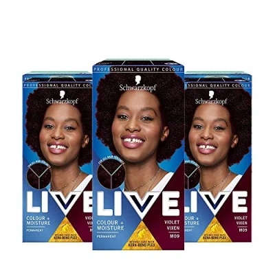 Image of Schwarzkopf Live Colour + Moisture Dark Purple Hair Dye, 3 Pack Permanent Intense Care with Kera Bond Plex, M09 Violet Vixen