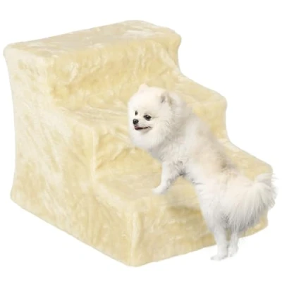 Image of PawHut Dog Steps for Sofa, 3 Stairs, Pet with Washable Plush Cover, Small Dogs, Cats Beige