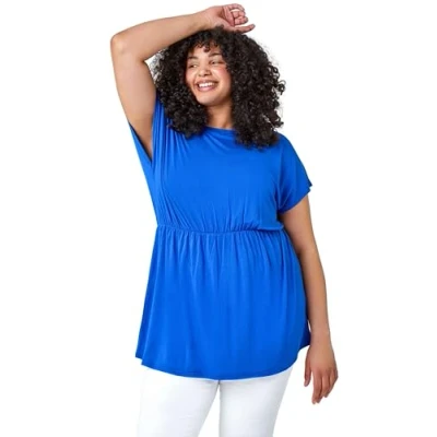 Image of Roman Curve Shirred Waist Tunic Top for Women UK Ladies Spring Everyday Summer Holiday Round Neckline Comfy Short Sleeve Soft Stretch Jersey Shirt Day Out Blouses Royal Blue Size 22