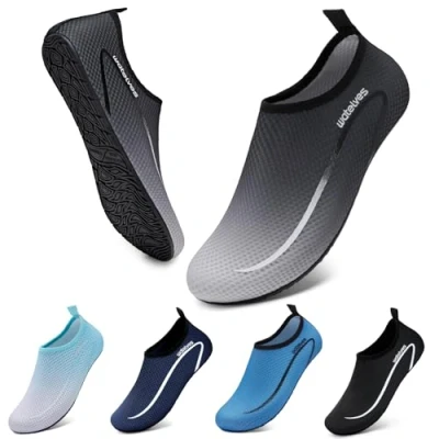 Image of Swim Water Shoes Aqua Socks Barefoot for Sea Beach Swimming Pool Ladies Women Mens Line Black Grey 9/10 UK