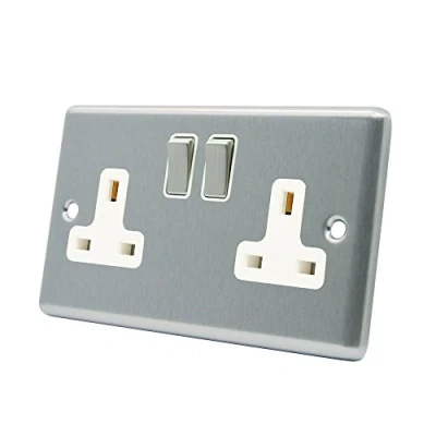 Image of AET CSC2GSOCWS Satin Chrome Classical 2 Gang White Insert Metal Rocker Switches 13 Amp Double Plug Socket