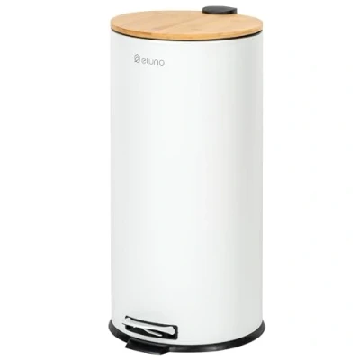 Image of eluno waste garbage can, pedal bin, kitchen 30 liter capacity, can with soft close bamboo lid, for bathroom, (White)