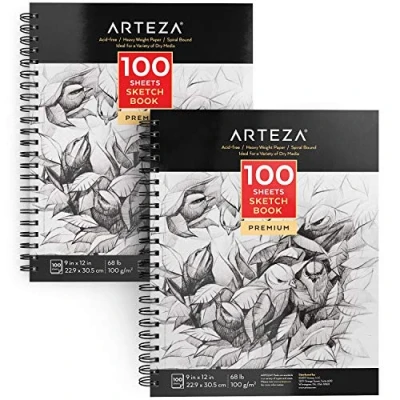 Image of ARTEZA 22.9 x 30.5 cm Sketch Book 2 Pack, 200 Pages Total, Two Spiral Bound Artist Pad, 100 Sheets Each, Durable Acid Free Drawing Paper (100gsm), Art Supplies for Teens &amp; Adults