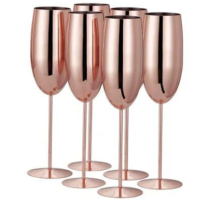 Image of Oak &amp; Steel 6 Rose Gold Champagne Flutes, 280ml Stainless Prosecco Glasses with Gift Box