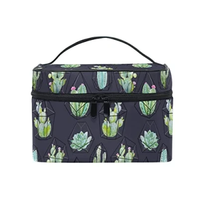 Image of Makeup Bag, Tropical Cactus Vintage Print Cosmetic Toiletry Storage Organiser Case Large Travel Handle Personalised Pouch with Compartments for Teenage Girl Women Lady Black