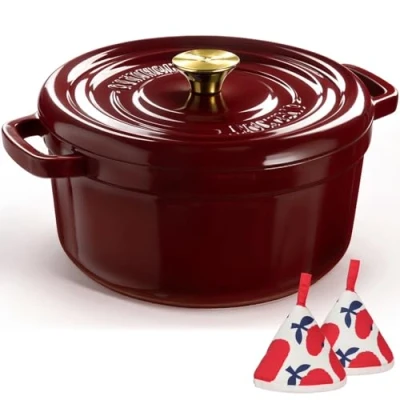 Image of Overmont 26cm Enameled Cast Iron Dutch Oven 5L Pot with Lid Cookbook &amp; Cotton Potholders Heavy Duty Cookware for Braising, Stews, Roasting, Bread Baking burgundy, Wine Red
