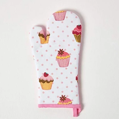Image of HOMESCAPES Pure Cotton Oven Glove Cup Cakes Pink Blue 18 x 32 cm Fully Coordinated Washable Kitchen Linen