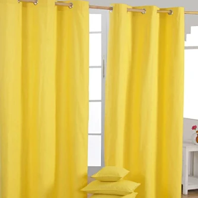 Image of HOMESCAPES Yellow Eyelet Curtain Pair 137cm (54&quot;) Wide x 182cm (72&quot;) Drop Plain Heavy Unlined Curtains