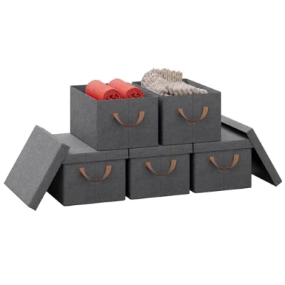 Image of WOLTU Storage Boxes Set of 5, Collapsible with Lids, Under Bed Handles, Wardrobe Organiser, Non woven Fabric Basket, Grey, 38x27x20cm