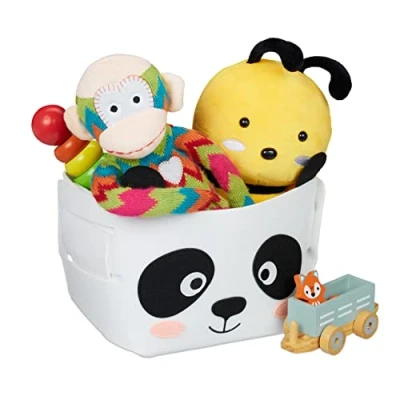 Image of Relaxdays Felt Storage Basket, Animal Motif, Children, Foldable, HxWxD: 24 x 27 18 cm, Toys, Panda Design, White/Black, 100%