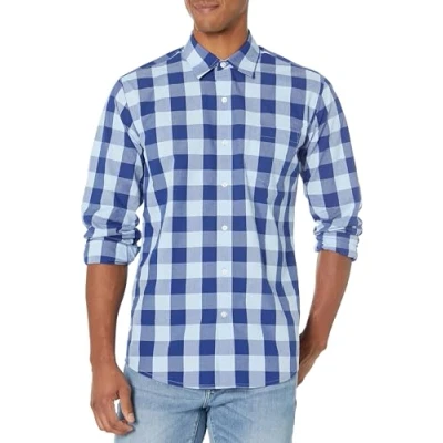 Image of Amazon Essentials Men&#039;s Regular Fit Long Sleeve Casual Poplin Shirt, Blue Buffalo Plaid, S