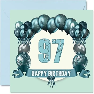 Image of Fun 97th Birthday Cards for Men Balloons Happy Card Great Grandad Dad Granny Grandma Mum Nanny Gran Grandpa Nan, 145mm x Greeting Cards,
