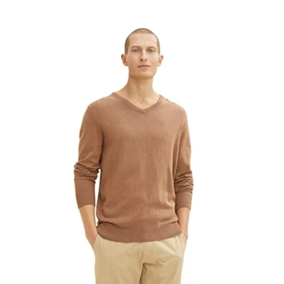 Image of TOM TAILOR Men&#039;s Basic Knitted Jumper with V neck 1031900, 24136 Brown Oak Melange, XL