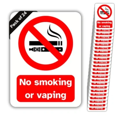 Image of No smoking or Vaping Vinyl Signs, 75mm x 100mm, Self Adhesive Stickers, Waterproof, Indoor/Outdoor Use, Safety Warning Sign, C&amp;J Goods (No and vaping, 24 Pack)